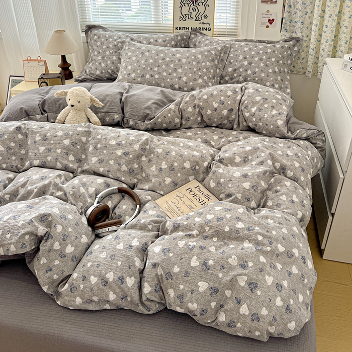 91家纺网 家纺一手货源 找家纺 仟网汇 2025新款古法水洗棉小布袋四件套 灰爱心