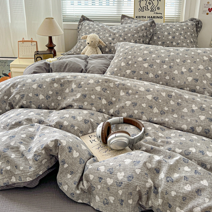 91家纺网 家纺一手货源 找家纺 仟网汇 2025新款古法水洗棉小布袋四件套 灰爱心