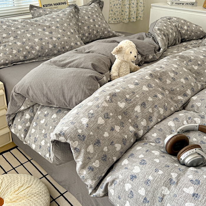 91家纺网 家纺一手货源 找家纺 仟网汇 2025新款古法水洗棉小布袋四件套 灰爱心