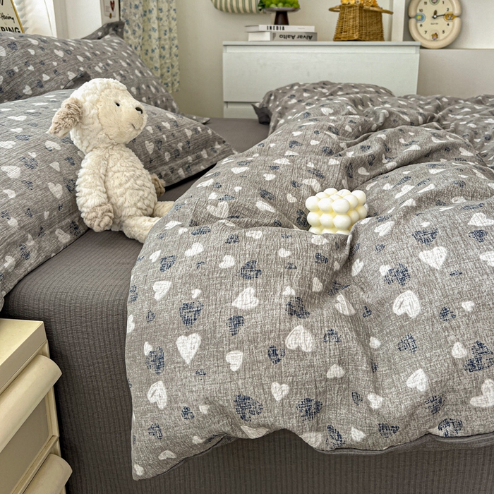 91家纺网 家纺一手货源 找家纺 仟网汇 2025新款古法水洗棉小布袋四件套 灰爱心