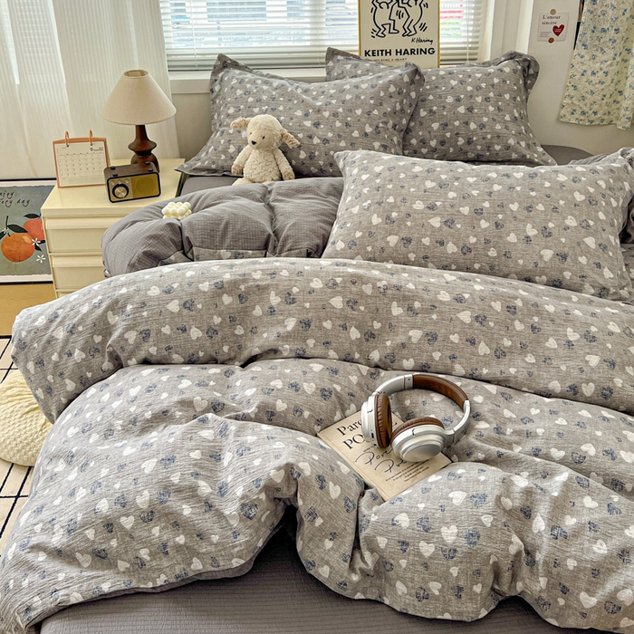 91家纺网 家纺一手货源 找家纺 仟网汇 2025新款古法水洗棉小布袋四件套 灰爱心