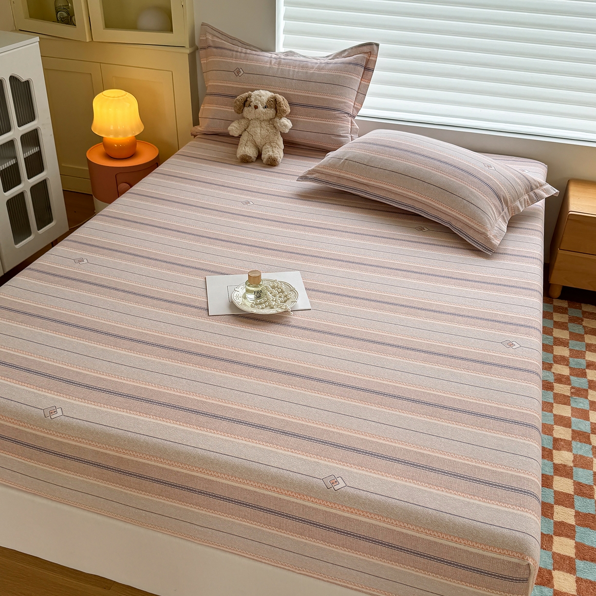 91家纺网 家纺一手货源 找家纺 壹贝家纺 2025新款全棉磨毛床笠系列 凡尔赛-桔