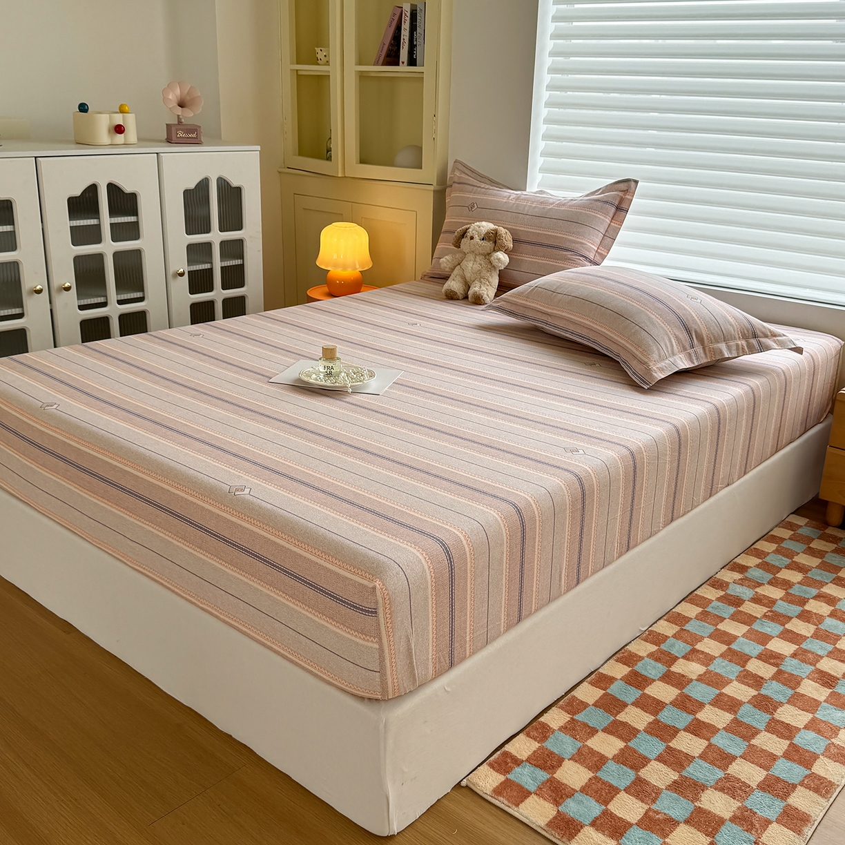 91家纺网 家纺一手货源 找家纺 壹贝家纺 2025新款全棉磨毛床笠系列 凡尔赛-桔