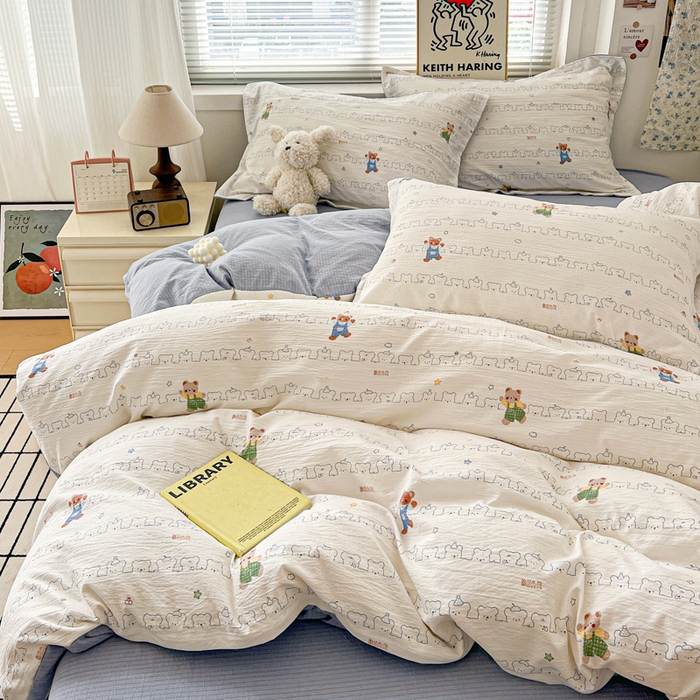 91家纺网 家纺一手货源 找家纺 仟网汇 2025新款古法水洗棉小布袋四件套 假日小熊