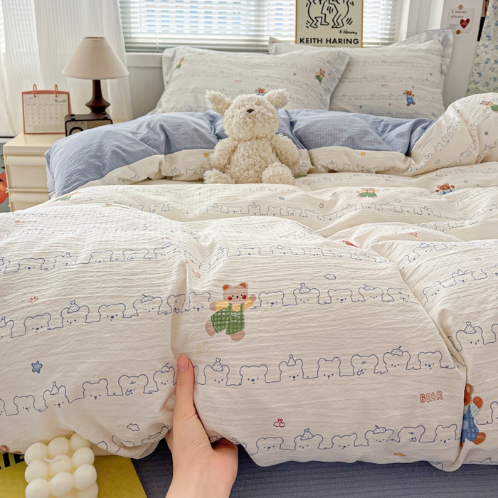 91家纺网 家纺一手货源 找家纺 仟网汇 2025新款古法水洗棉小布袋四件套 假日小熊