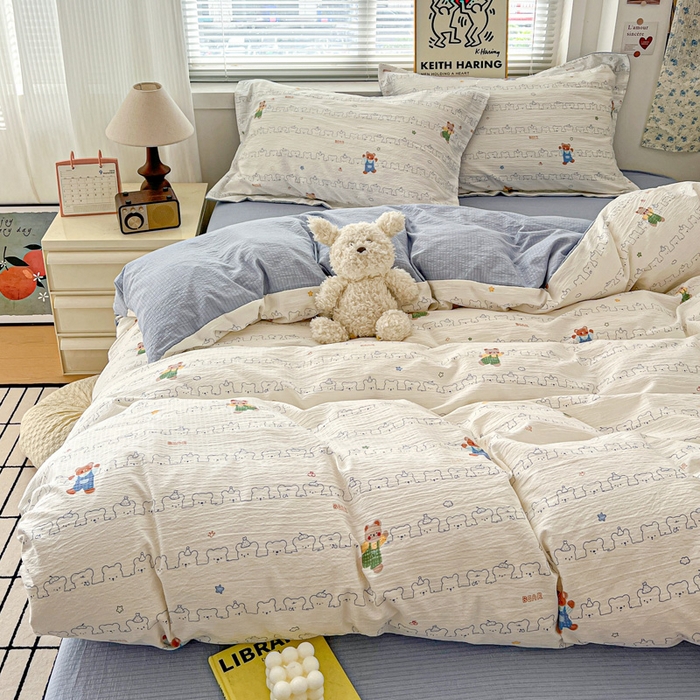 91家纺网 家纺一手货源 找家纺 仟网汇 2025新款古法水洗棉小布袋四件套 假日小熊