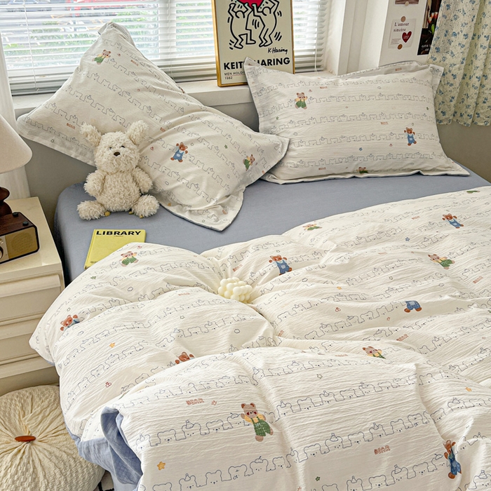 91家纺网 家纺一手货源 找家纺 仟网汇 2025新款古法水洗棉小布袋四件套 假日小熊