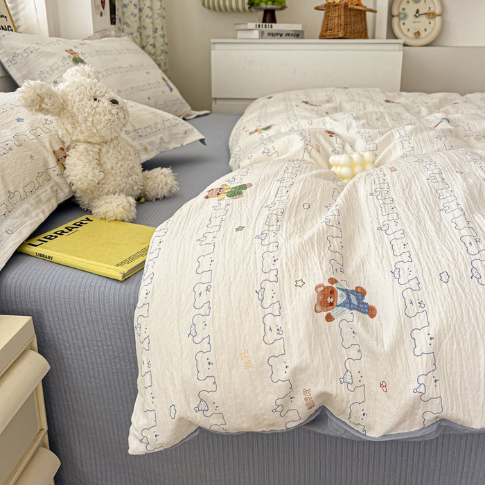 91家纺网 家纺一手货源 找家纺 仟网汇 2025新款古法水洗棉小布袋四件套 假日小熊