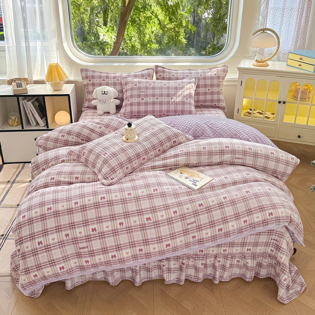 豫见家纺 2025新款加厚高克重牛奶绒豆豆绒花边床盖四件套 格韵紫