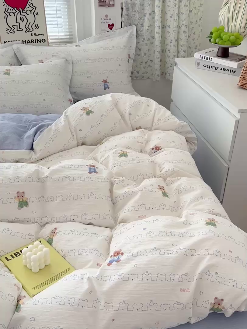 91家纺网 家纺一手货源 找家纺 仟网汇 2025新款古法水洗棉小布袋四件套 假日小熊