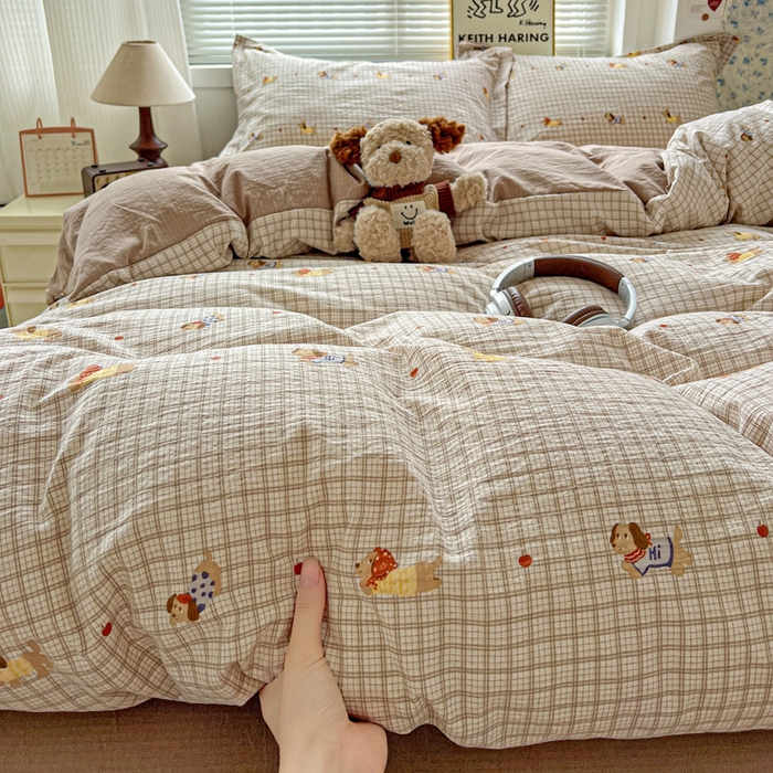 91家纺网 家纺一手货源 找家纺 仟网汇 2025新款古法水洗棉小布袋四件套 腊肠狗咖