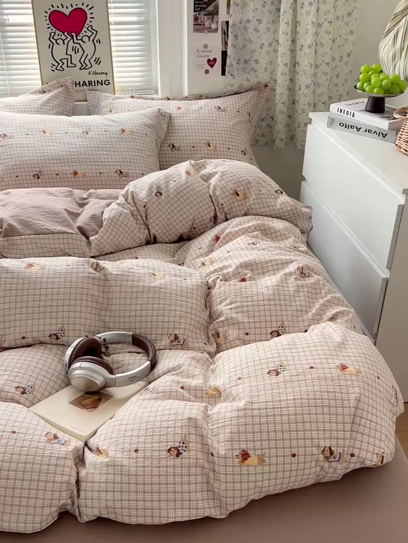 91家纺网 家纺一手货源 找家纺 仟网汇 2025新款古法水洗棉小布袋四件套 腊肠狗咖