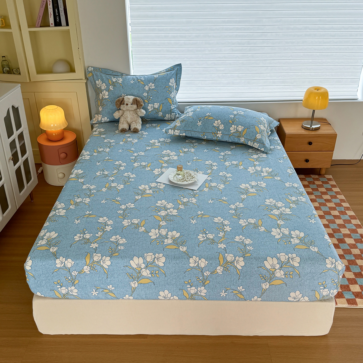 91家纺网 家纺一手货源 找家纺 壹贝家纺 2025新款全棉磨毛床笠系列 蓝莲花