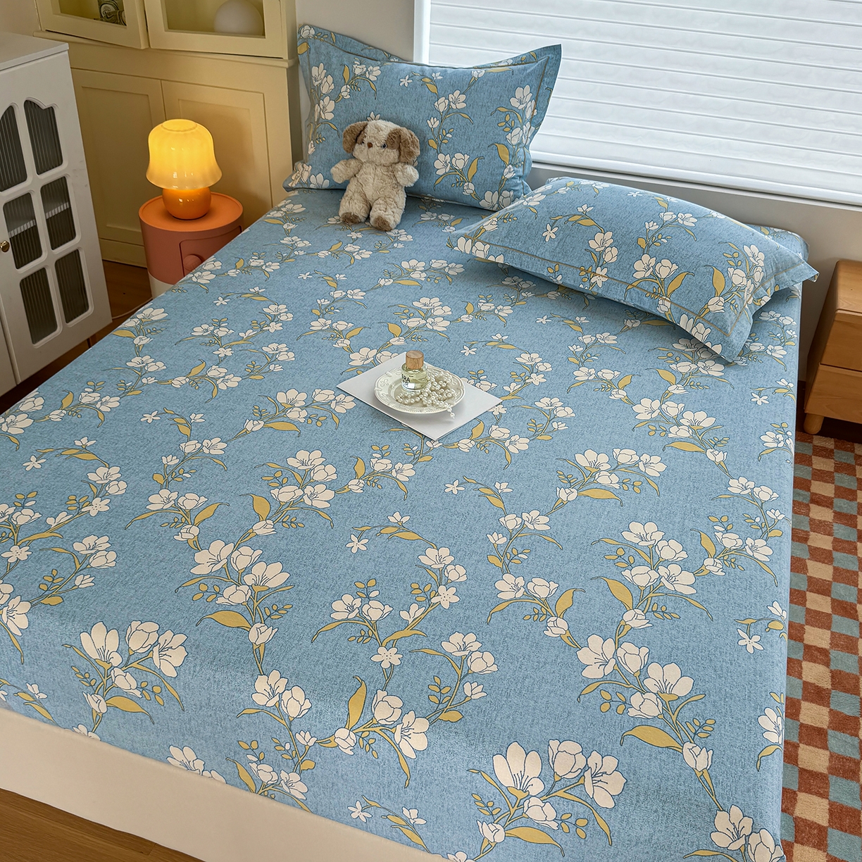 91家纺网 家纺一手货源 找家纺 壹贝家纺 2025新款全棉磨毛床笠系列 蓝莲花