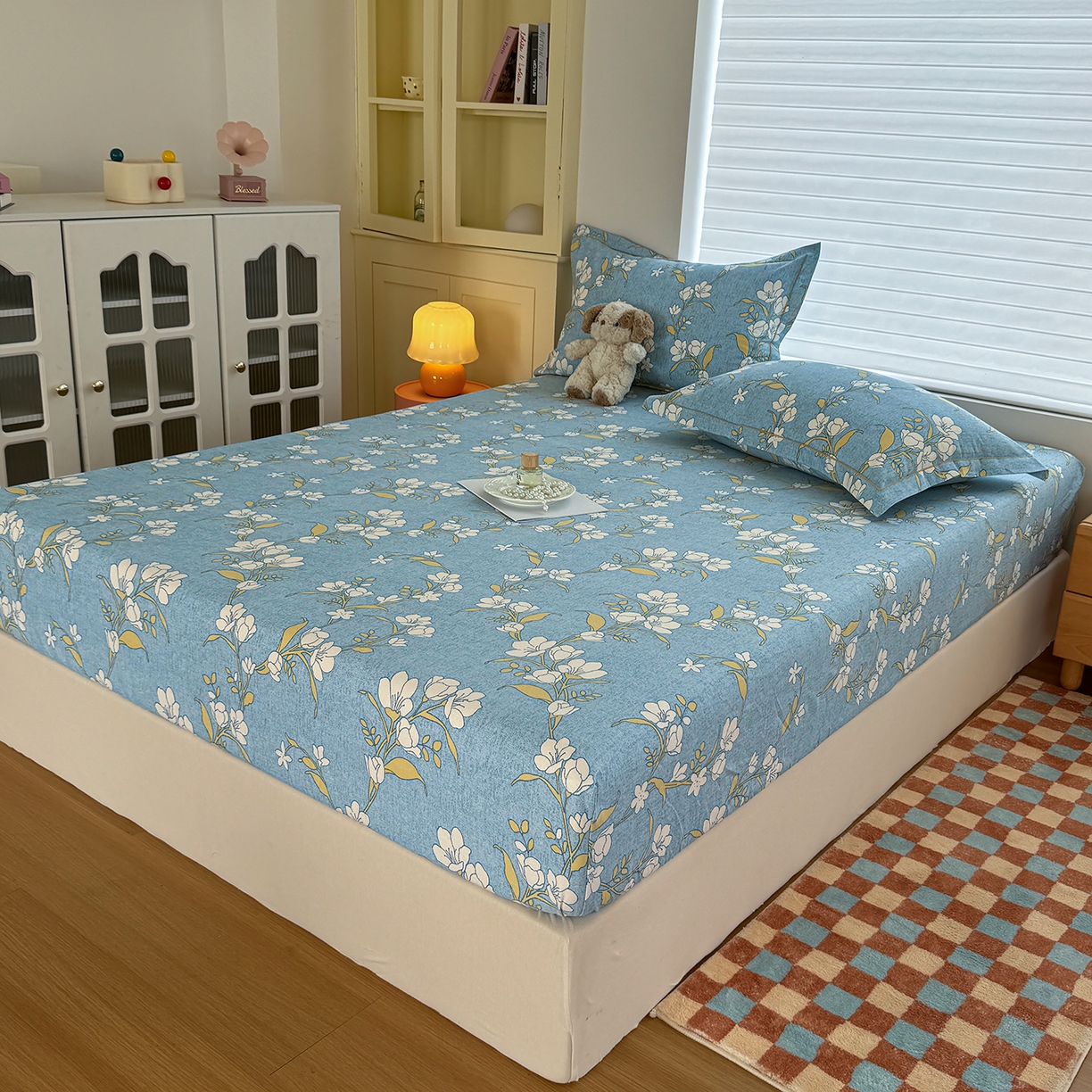 91家纺网 家纺一手货源 找家纺 壹贝家纺 2025新款全棉磨毛床笠系列 蓝莲花