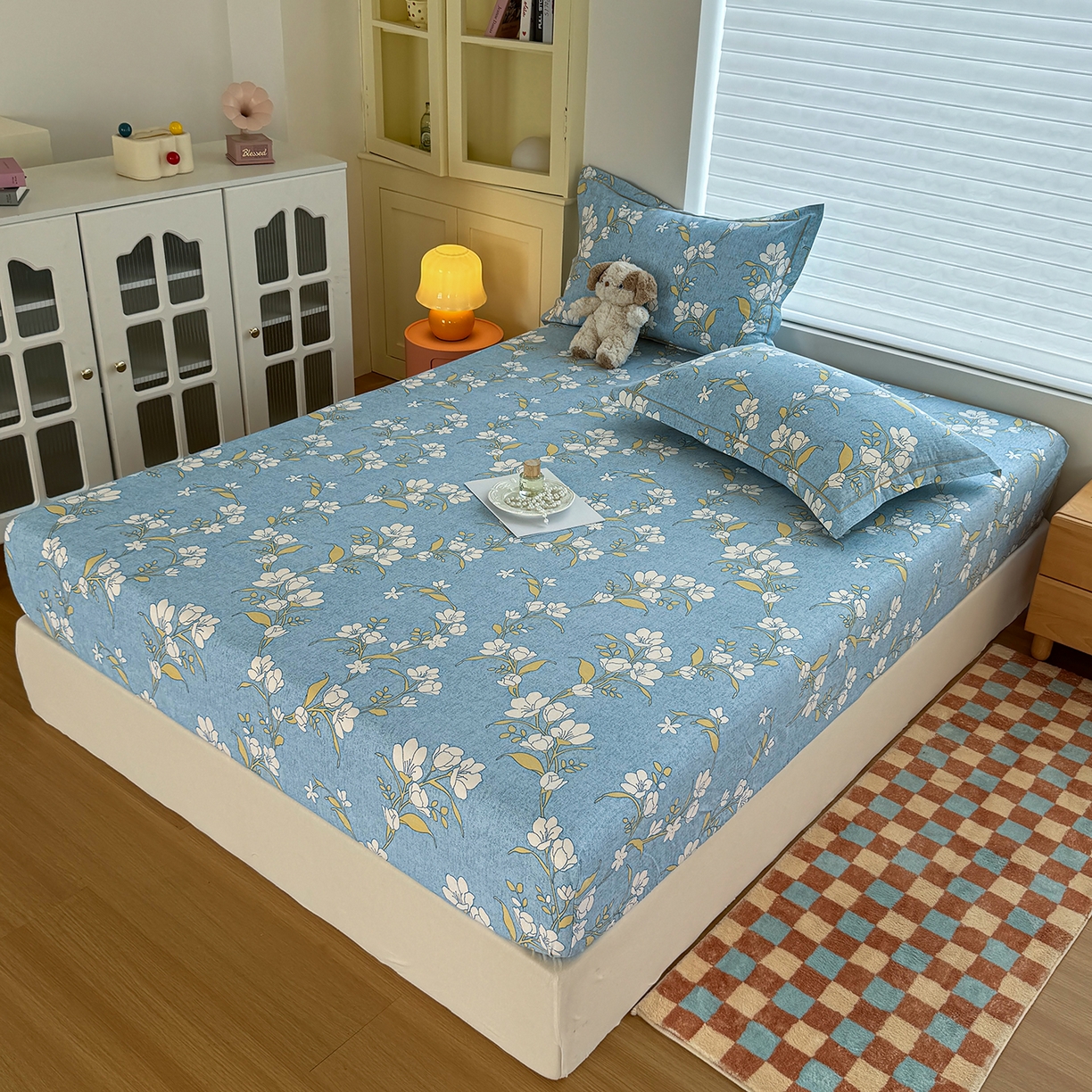 91家纺网 家纺一手货源 找家纺 壹贝家纺 2025新款全棉磨毛床笠系列 蓝莲花