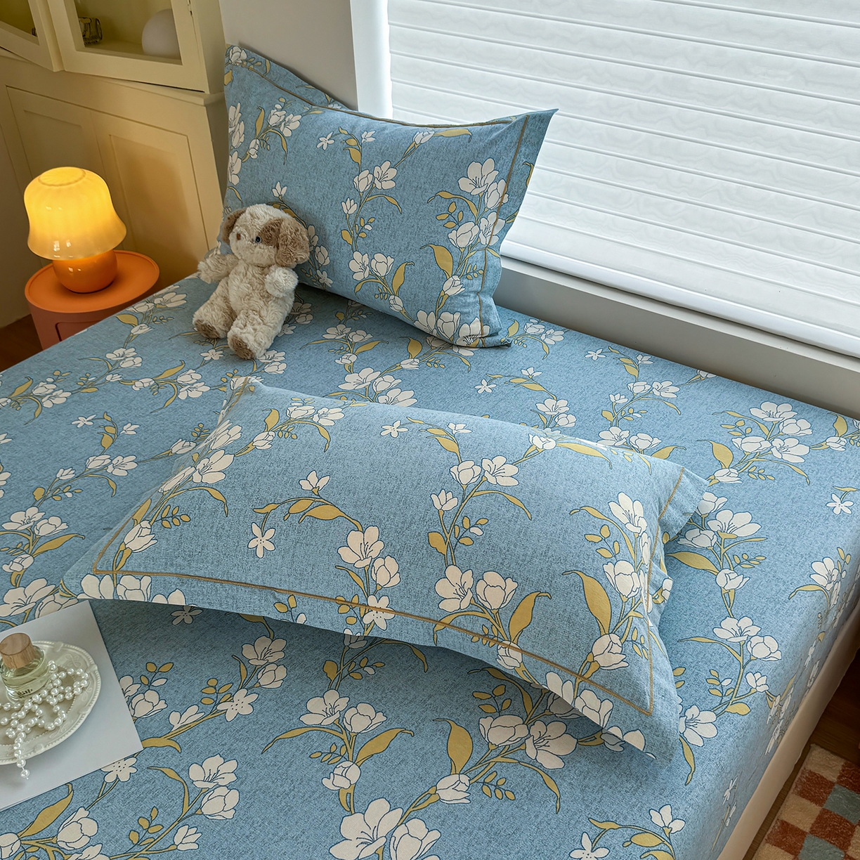 91家纺网 家纺一手货源 找家纺 壹贝家纺 2025新款全棉磨毛床笠系列 蓝莲花