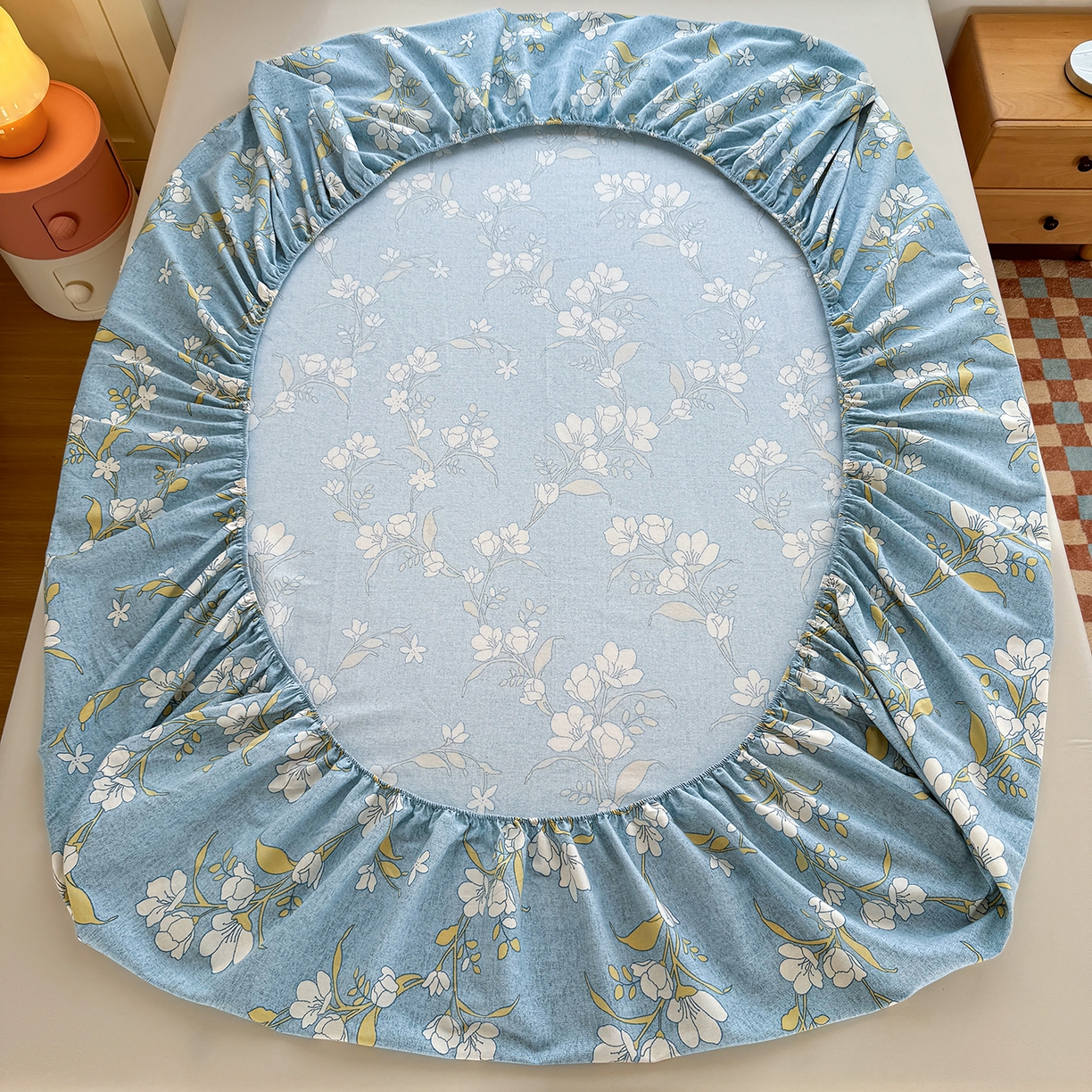 91家纺网 家纺一手货源 找家纺 壹贝家纺 2025新款全棉磨毛床笠系列 蓝莲花