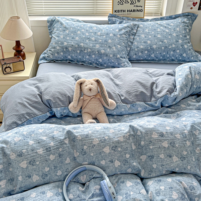 91家纺网 家纺一手货源 找家纺 仟网汇 2025新款古法水洗棉小布袋四件套 蓝爱心