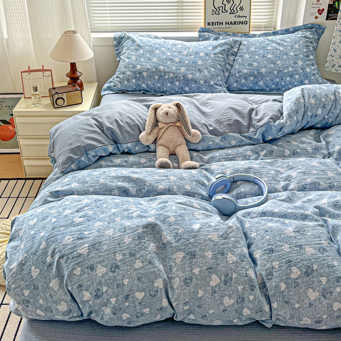 91家纺网 家纺一手货源 找家纺 仟网汇 2025新款古法水洗棉小布袋四件套 蓝爱心