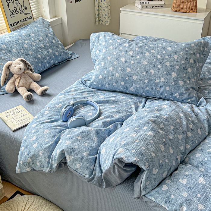 91家纺网 家纺一手货源 找家纺 仟网汇 2025新款古法水洗棉小布袋四件套 蓝爱心