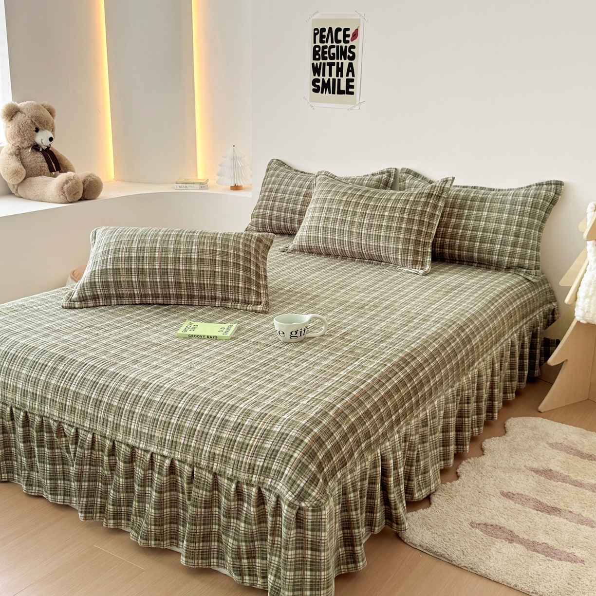 91家纺网 家纺一手货源 找家纺 希朵家纺 2025新款可爱牛奶绒毛巾绣床盖四件套 帽子熊绿