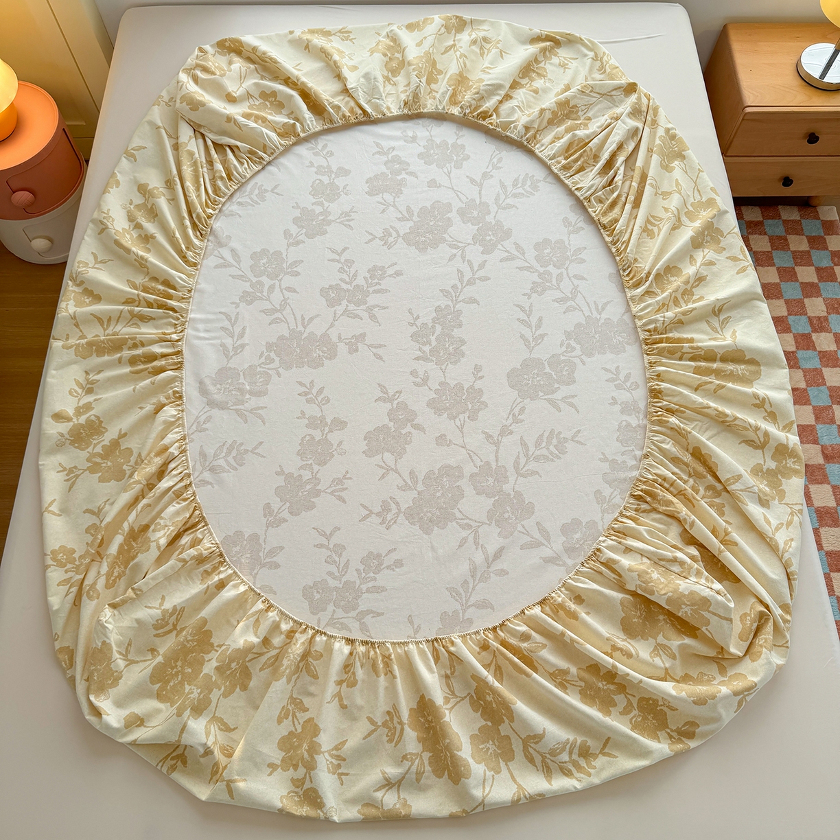 91家纺网 家纺一手货源 找家纺 壹贝家纺 2025新款全棉磨毛床笠系列 梅花印-黄