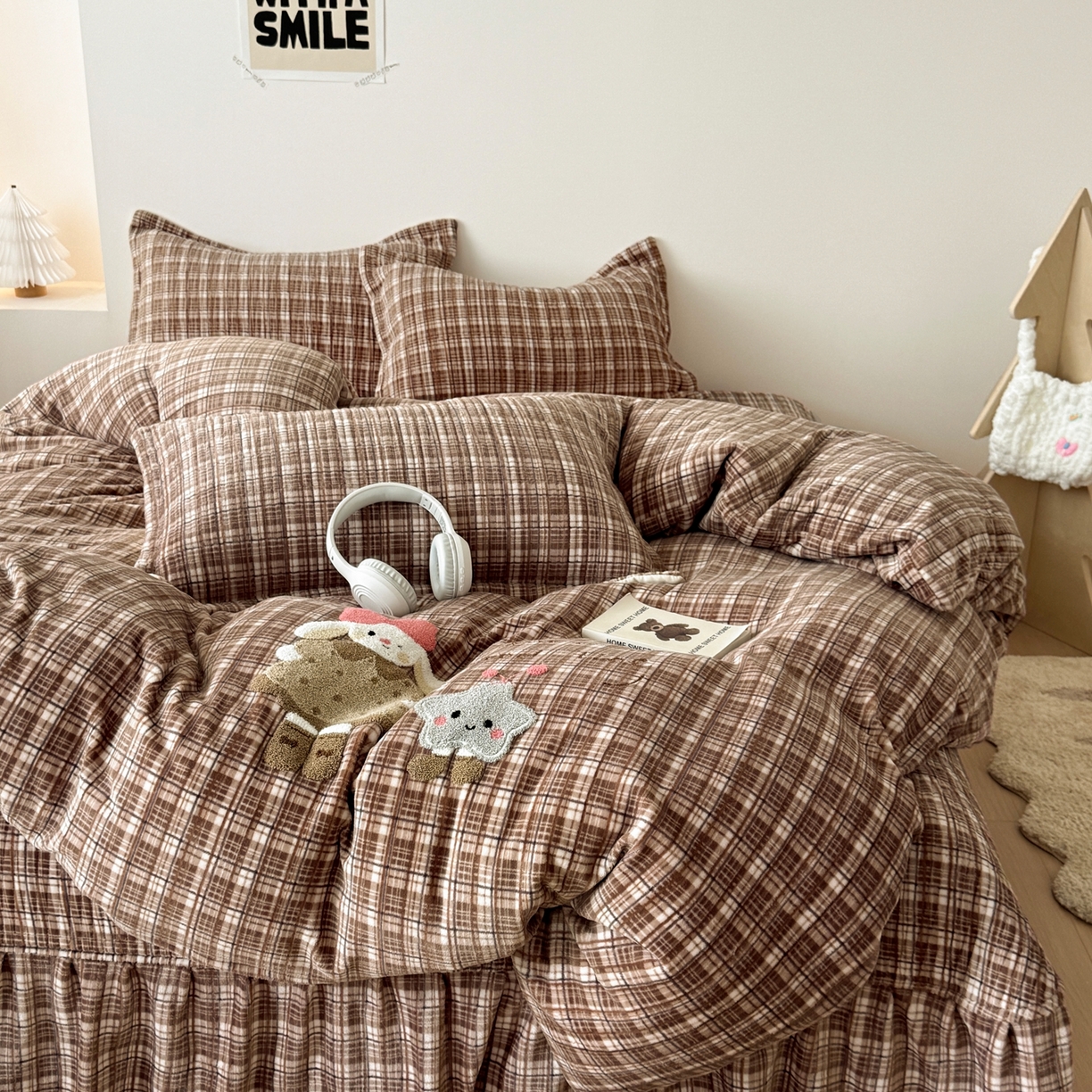 91家纺网 家纺一手货源 找家纺 希朵家纺 2025新款可爱牛奶绒毛巾绣床盖四件套 五角星兔