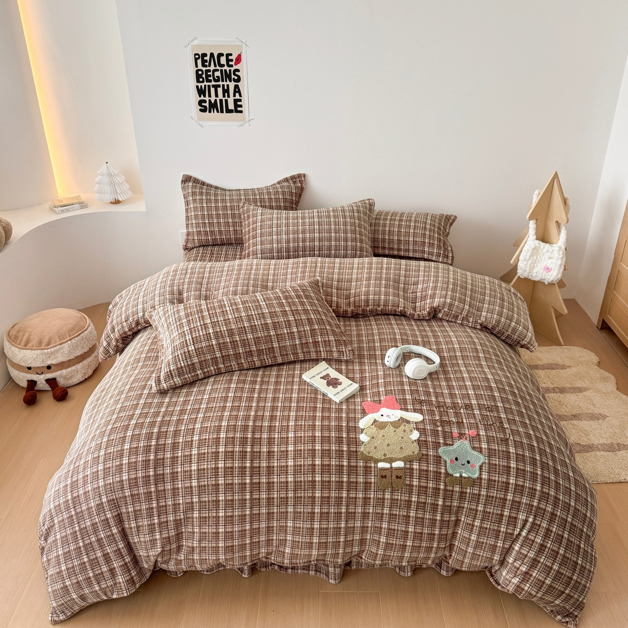 91家纺网 家纺一手货源 找家纺 希朵家纺 2025新款可爱牛奶绒毛巾绣床盖四件套 五角星兔