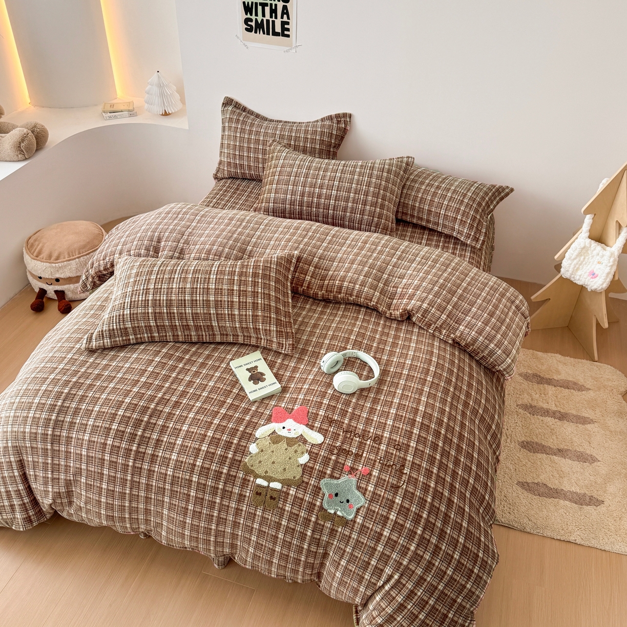 91家纺网 家纺一手货源 找家纺 希朵家纺 2025新款可爱牛奶绒毛巾绣床盖四件套 五角星兔