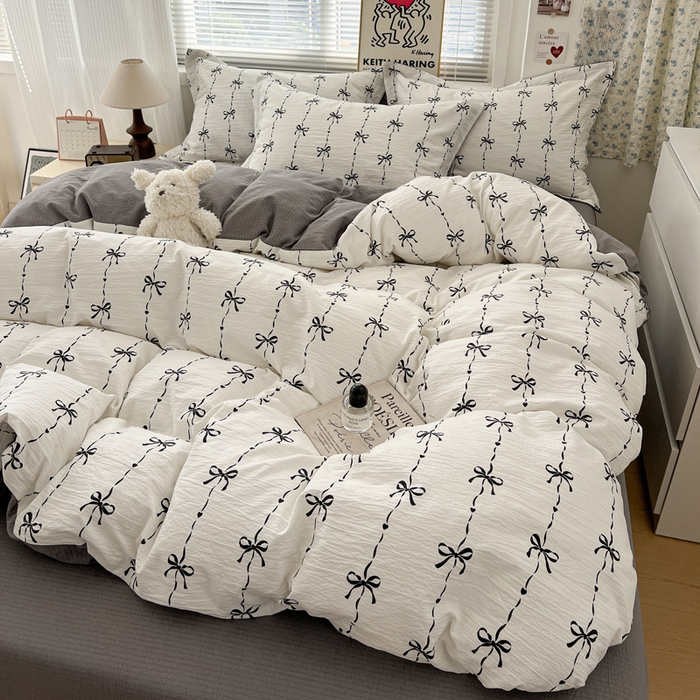 91家纺网 家纺一手货源 找家纺 仟网汇 2025新款古法水洗棉小布袋四件套 线条蝴蝶结