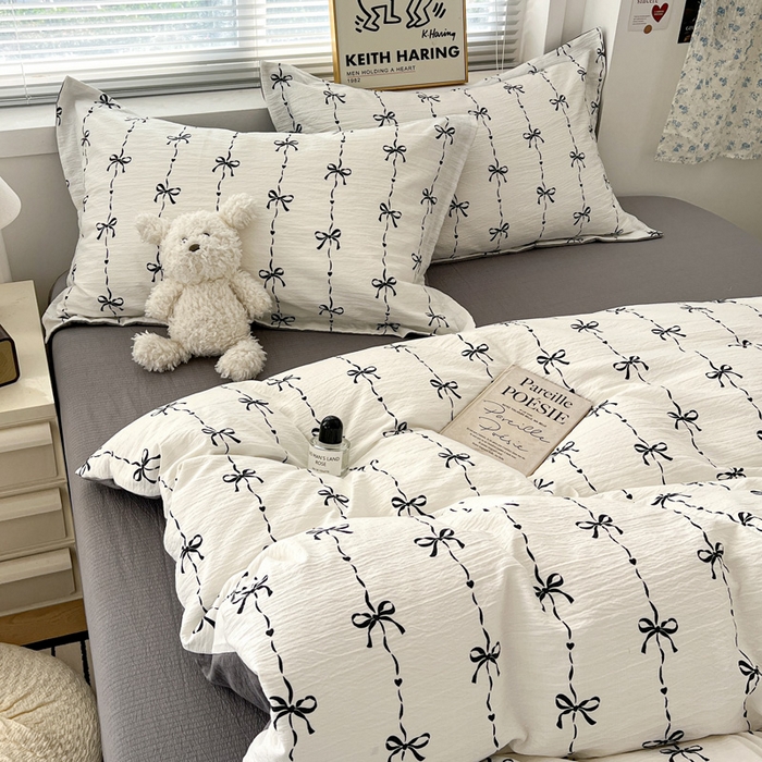 91家纺网 家纺一手货源 找家纺 仟网汇 2025新款古法水洗棉小布袋四件套 线条蝴蝶结