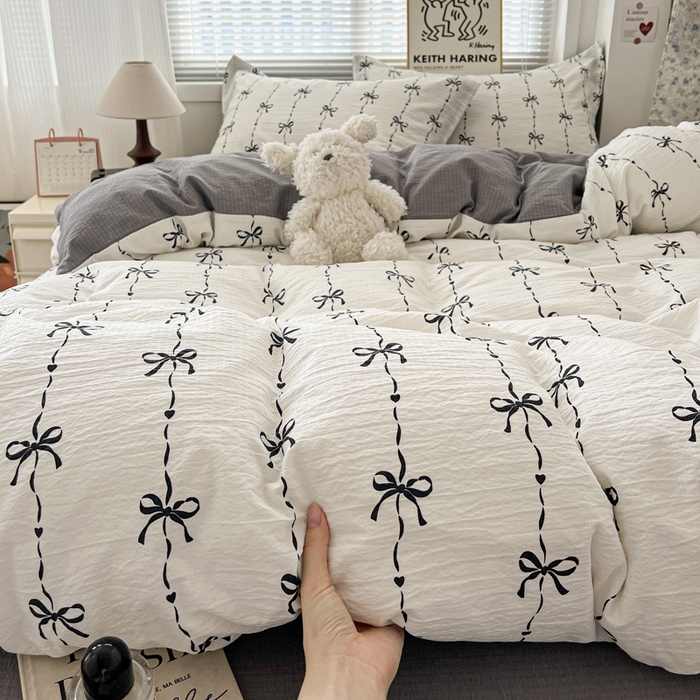 91家纺网 家纺一手货源 找家纺 仟网汇 2025新款古法水洗棉小布袋四件套 线条蝴蝶结