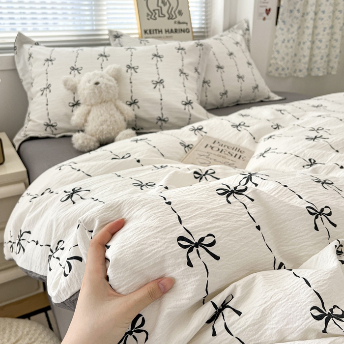 91家纺网 家纺一手货源 找家纺 仟网汇 2025新款古法水洗棉小布袋四件套 线条蝴蝶结