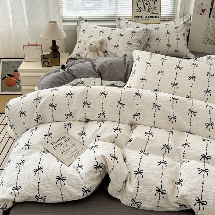 91家纺网 家纺一手货源 找家纺 仟网汇 2025新款古法水洗棉小布袋四件套 线条蝴蝶结