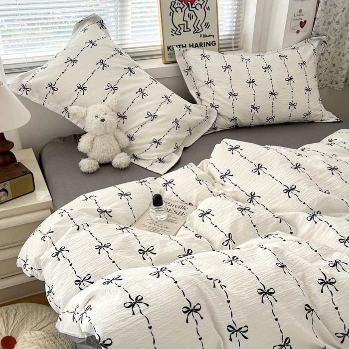 91家纺网 家纺一手货源 找家纺 仟网汇 2025新款古法水洗棉小布袋四件套 线条蝴蝶结