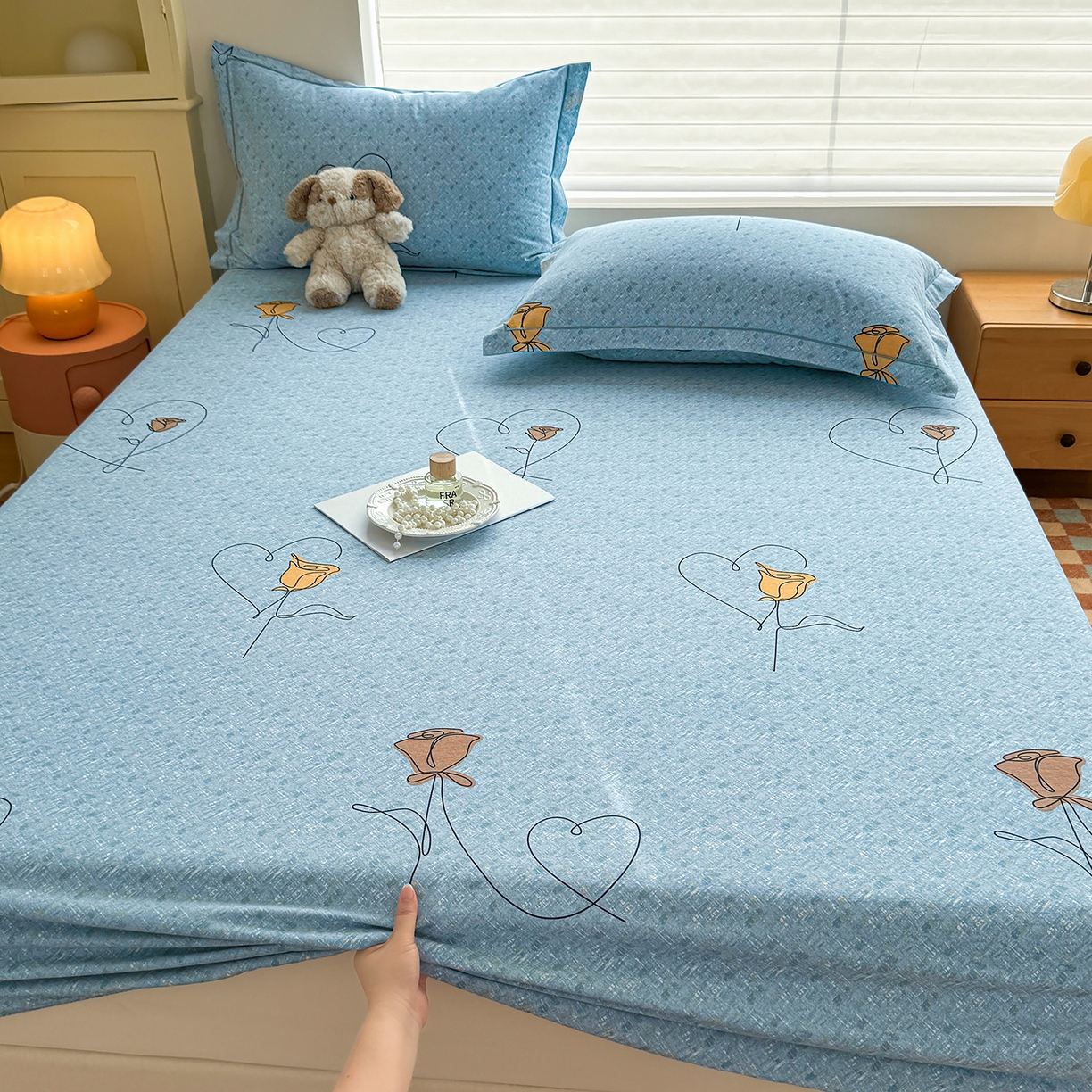 壹贝家纺 2025新款全棉磨毛床笠系列 小香玉-蓝