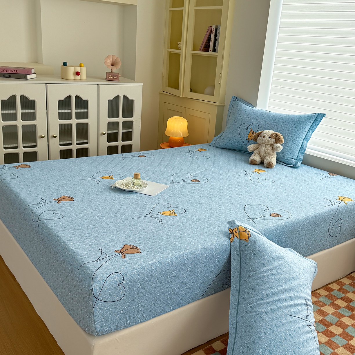 91家纺网 家纺一手货源 找家纺 壹贝家纺 2025新款全棉磨毛床笠系列 小香玉-蓝