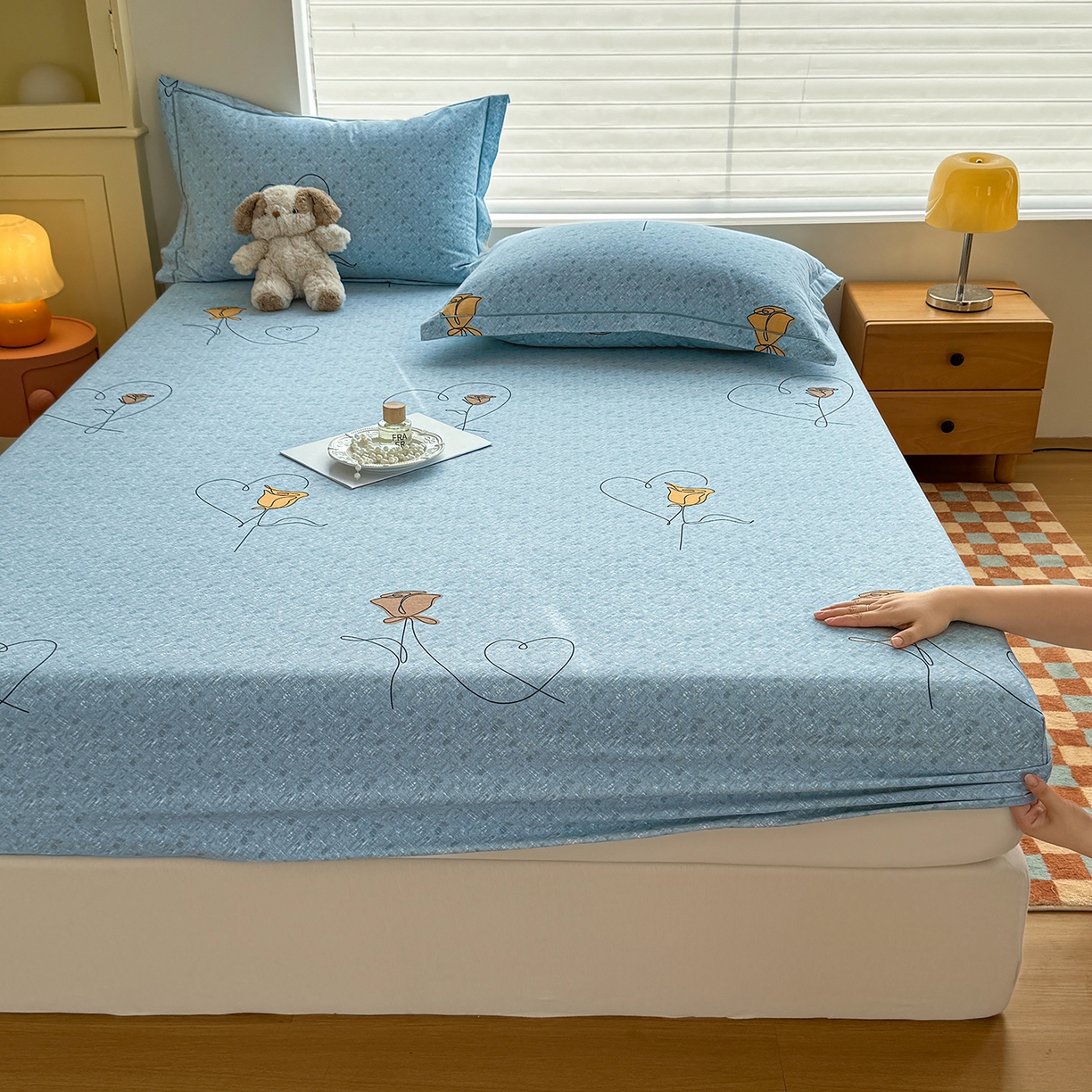 91家纺网 家纺一手货源 找家纺 壹贝家纺 2025新款全棉磨毛床笠系列 小香玉-蓝