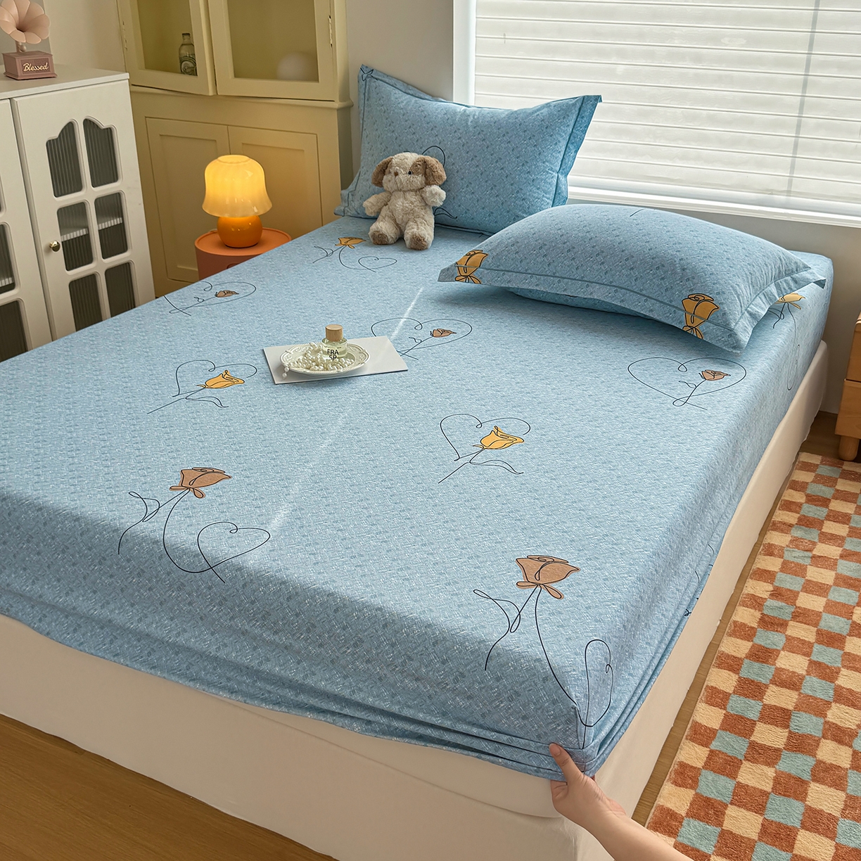 91家纺网 家纺一手货源 找家纺 壹贝家纺 2025新款全棉磨毛床笠系列 小香玉-蓝