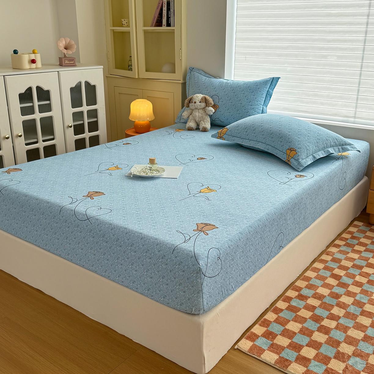 91家纺网 家纺一手货源 找家纺 壹贝家纺 2025新款全棉磨毛床笠系列 小香玉-蓝