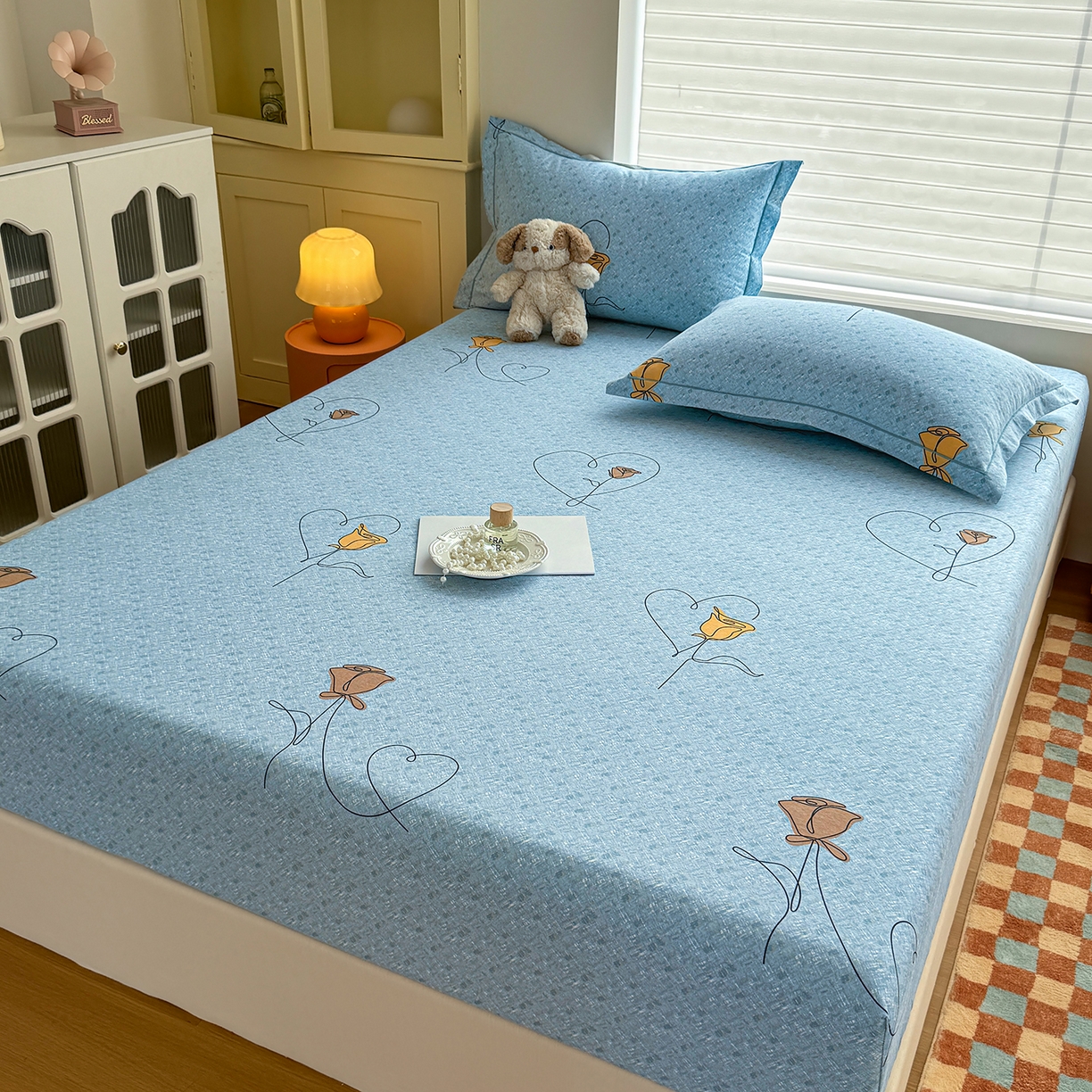 91家纺网 家纺一手货源 找家纺 壹贝家纺 2025新款全棉磨毛床笠系列 小香玉-蓝