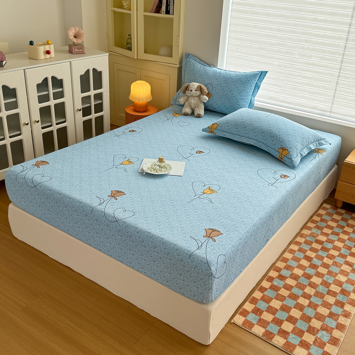 91家纺网 家纺一手货源 找家纺 壹贝家纺 2025新款全棉磨毛床笠系列 小香玉-蓝