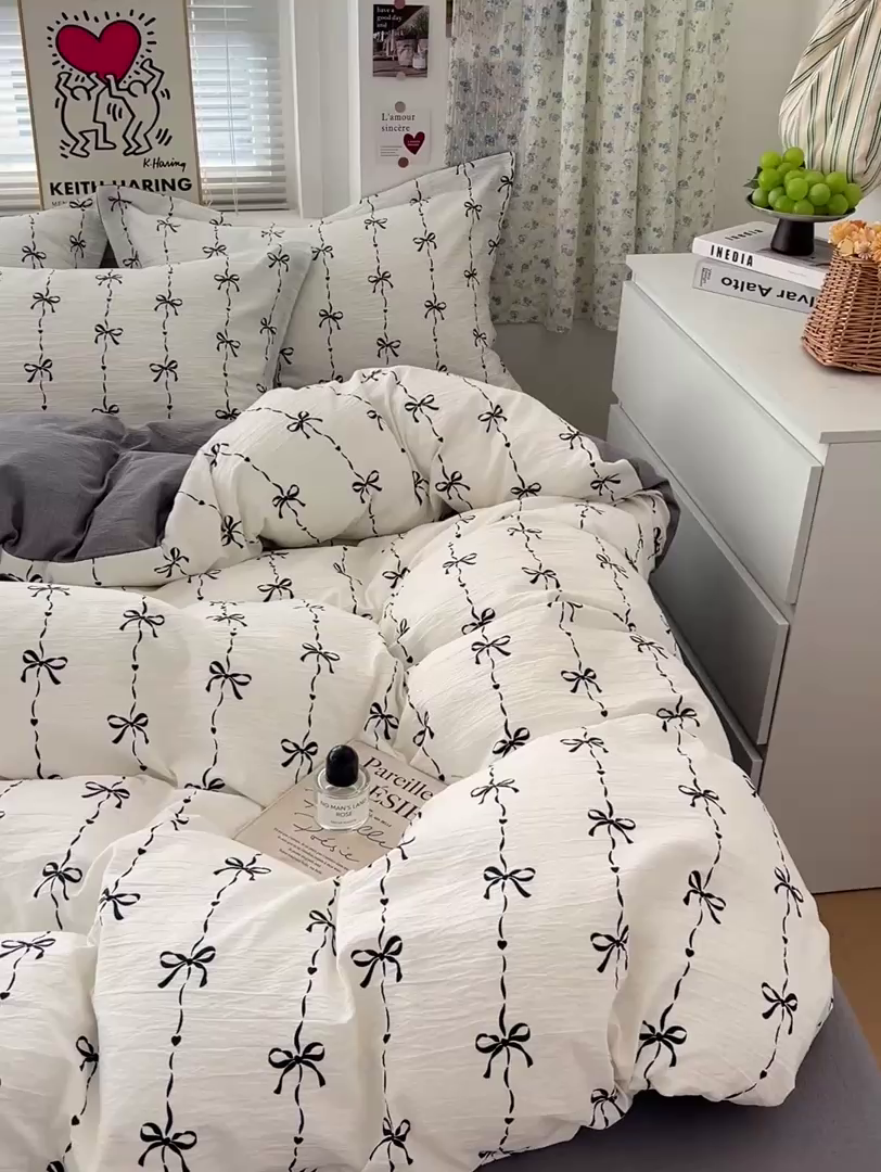 91家纺网 家纺一手货源 找家纺 仟网汇 2025新款古法水洗棉小布袋四件套 线条蝴蝶结