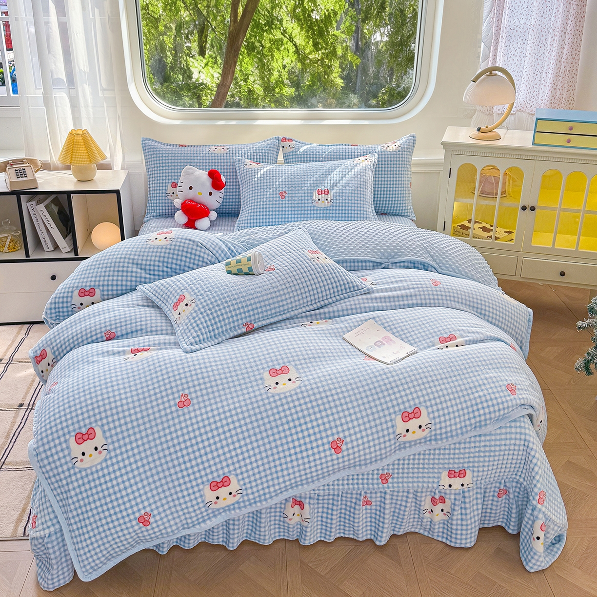 豫见家纺 2025新款加厚高克重牛奶绒豆豆绒花边床盖四件套 格子KT-蓝