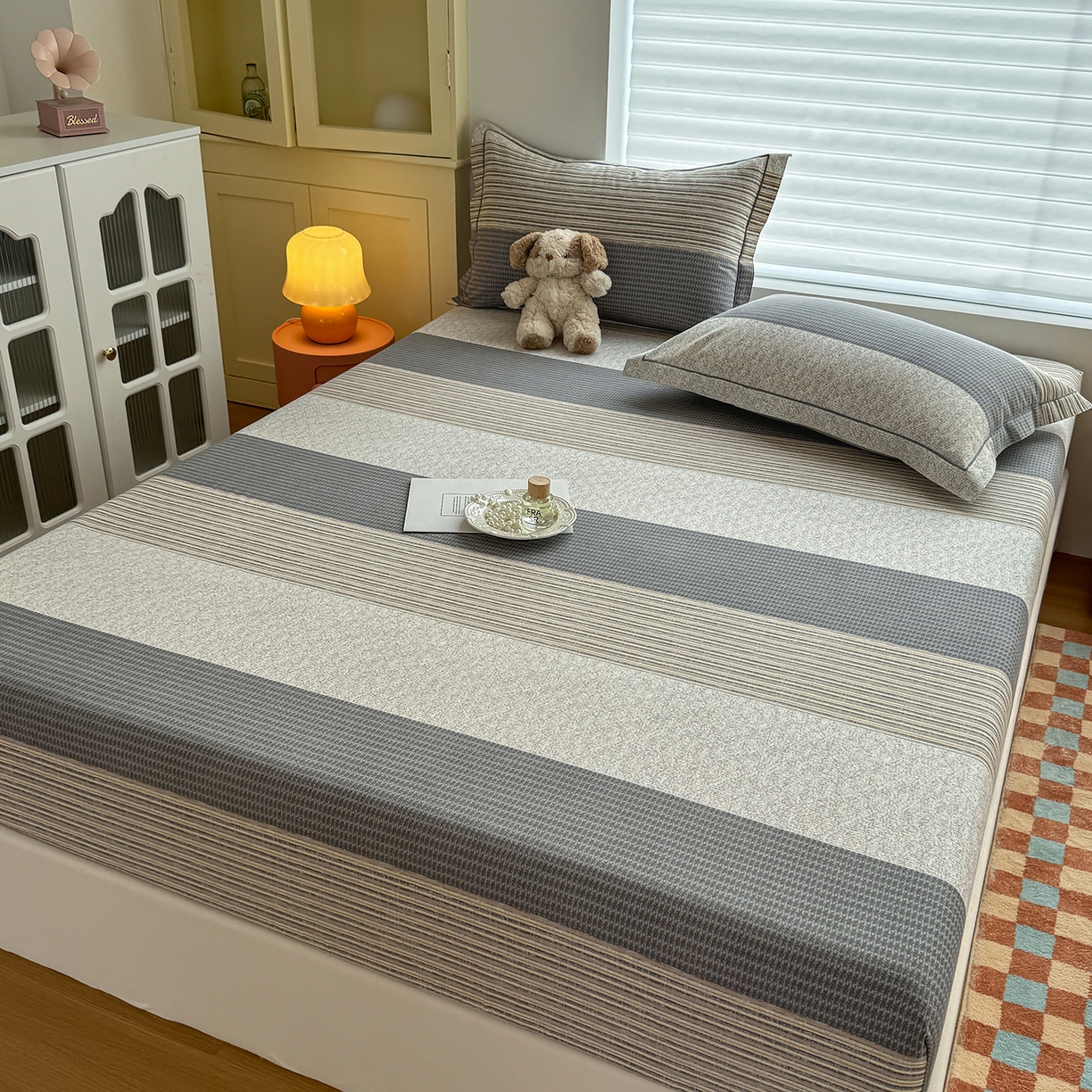 91家纺网 家纺一手货源 找家纺 壹贝家纺 2025新款全棉磨毛床笠系列 亚马-灰