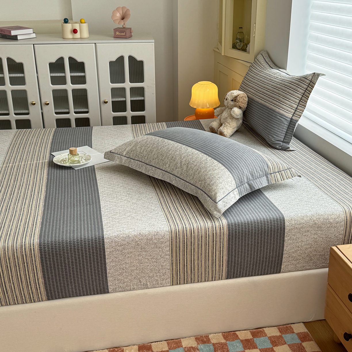 91家纺网 家纺一手货源 找家纺 壹贝家纺 2025新款全棉磨毛床笠系列 亚马-灰