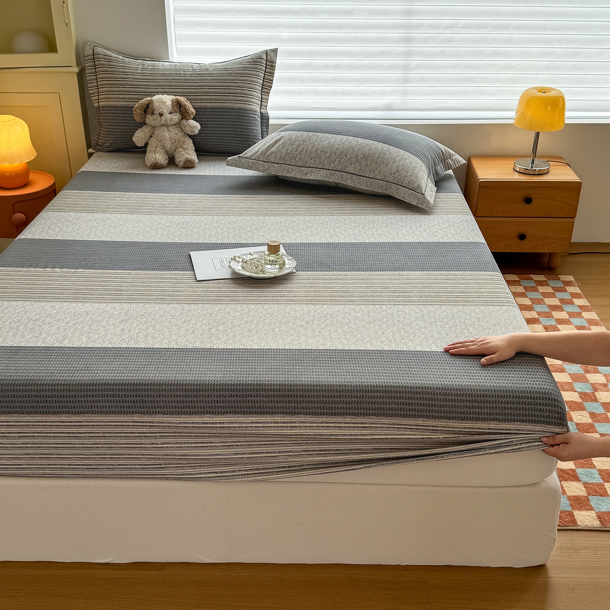 91家纺网 家纺一手货源 找家纺 壹贝家纺 2025新款全棉磨毛床笠系列 亚马-灰