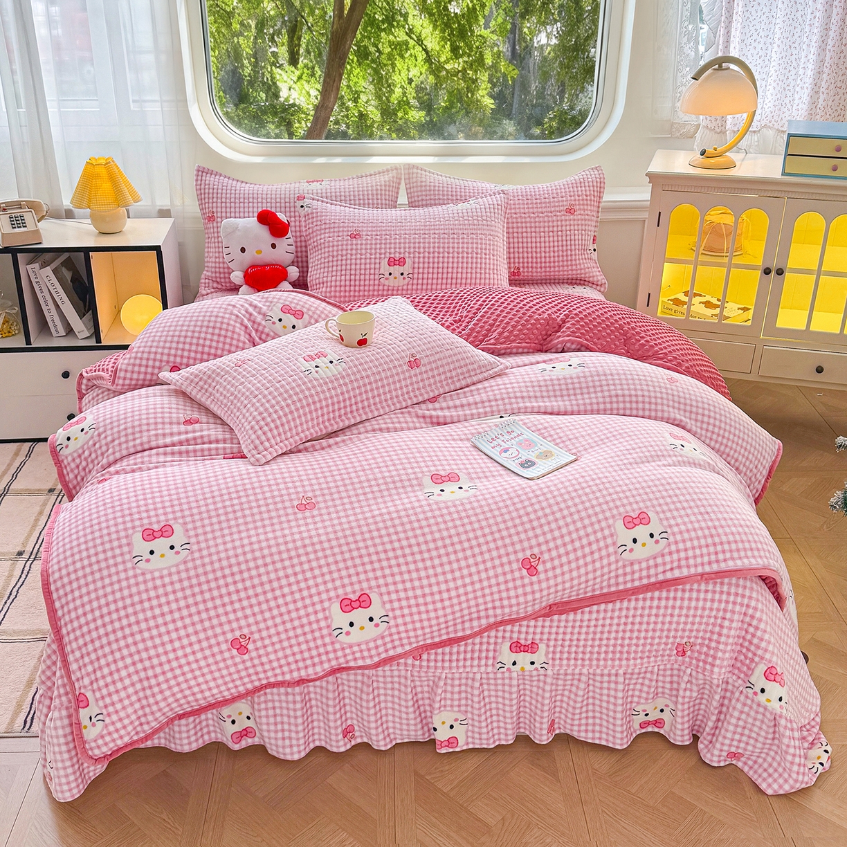 豫见家纺 2025新款加厚高克重牛奶绒豆豆绒花边床盖四件套 格子KT-粉