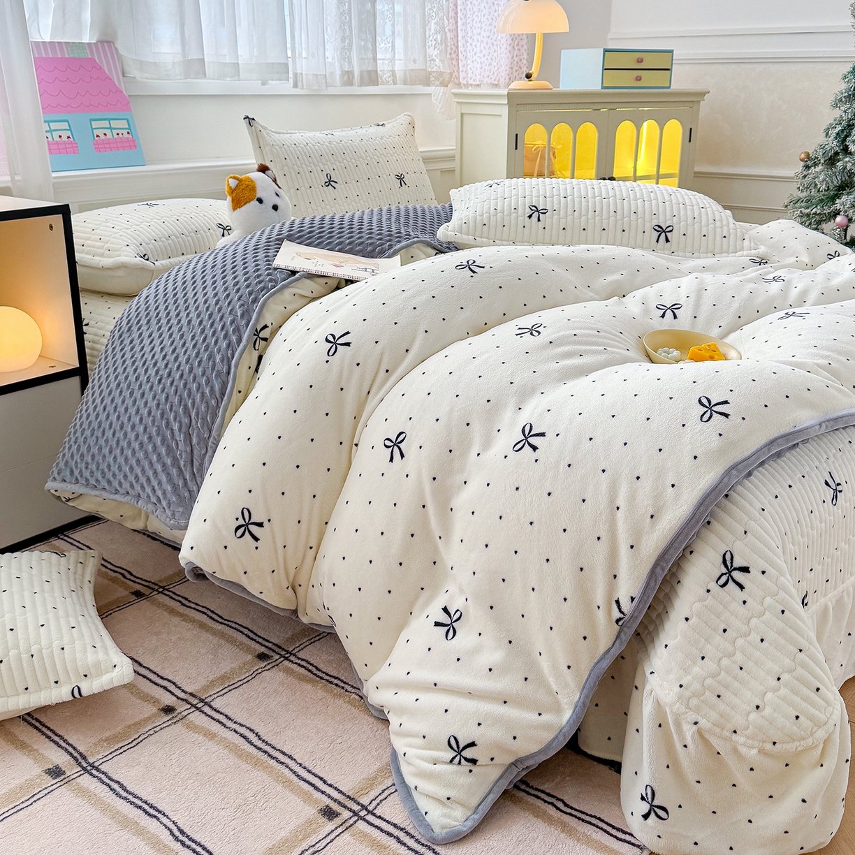 91家纺网 家纺一手货源 找家纺 豫见家纺 2025新款加厚高克重牛奶绒豆豆绒花边床盖四件套 蜜语